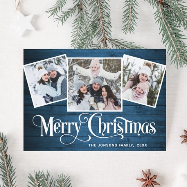3 PHOTO Christmas Rustic Blue Wood Greeting Holiday Card (Creator Uploaded)