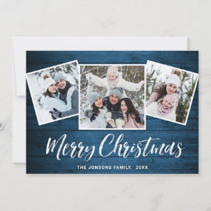 3 PHOTO Christmas Rustic Blue Wood Greeting Holiday Card