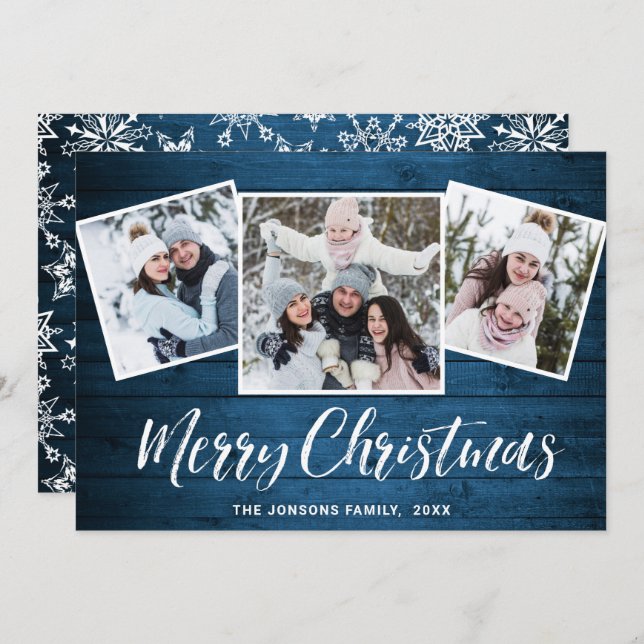 3 PHOTO Christmas Rustic Blue Wood Greeting Holiday Card (Front/Back)