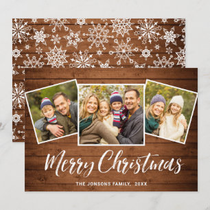 3 PHOTO Christmas Rustic Brown Boho Wood Greeting Holiday Card