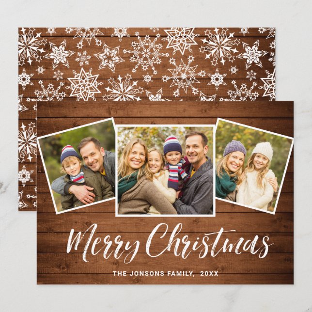 3 PHOTO Christmas Rustic Brown Boho Wood Greeting Holiday Card (Front/Back)