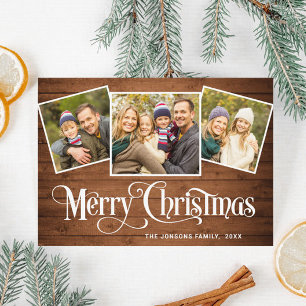 3 PHOTO Christmas Rustic Brown Wood Greeting Boho Holiday Card