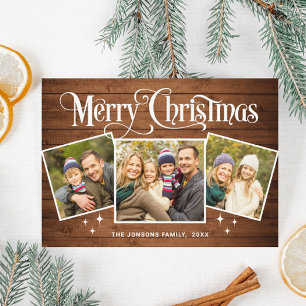 3 PHOTO Christmas Rustic Brown Wood Greeting Boho Holiday Card