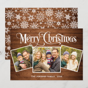 3 PHOTO Christmas Rustic Brown Wood Greeting Holiday Card