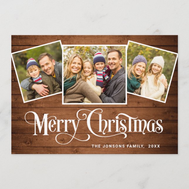 3 PHOTO Christmas Rustic Brown Wood Greeting Holiday Card (Front)
