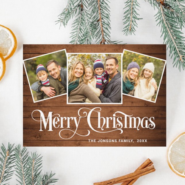 3 PHOTO Christmas Rustic Brown Wood Greeting Holiday Card (Creator Uploaded)