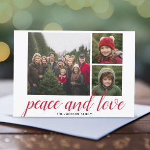 3 Photo Christmas Script Red Damask Peace Love Holiday Card
