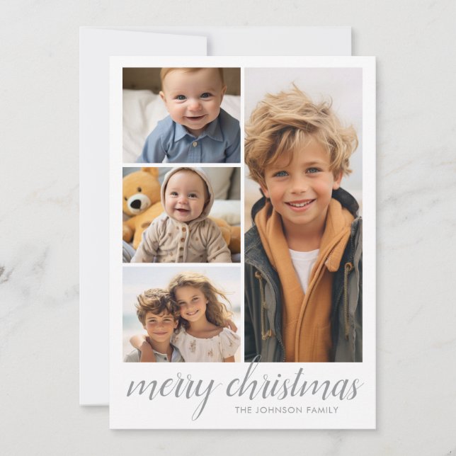 3 Photo Christmas Script - Retro Half Moon Pattern Holiday Card (Front)