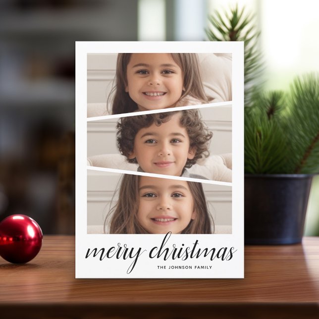 3 Photo Christmas Script - Retro Half Moon Pattern Holiday Card (Modern Christmas Card with Photos)