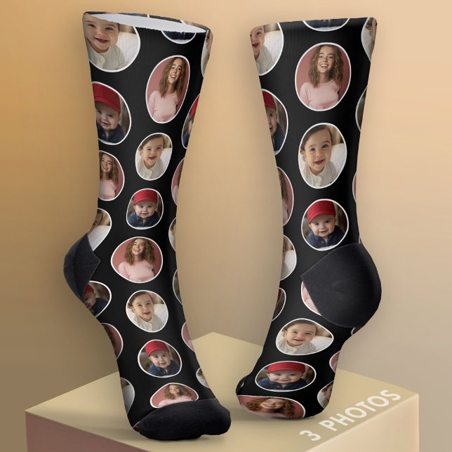 3 Photo Circle Border Collage - Black White Socks (Custom Socks with Photo Collage)