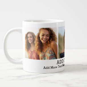 3 Photo Collage 2 Lines of Text -- Minimal, Simple Large Coffee Mug