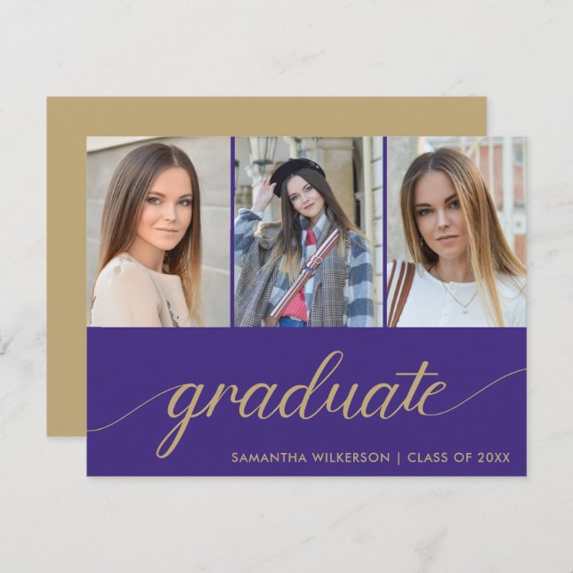 3 Photo Collage Add Your Name & Year Graduation  Announcement (Front/Back)