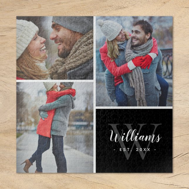 3 Photo Collage and Custom Monogram | Black Jigsaw Puzzle (Creator Uploaded)