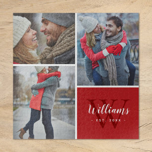 3 Photo Collage and Custom Monogram   Red Jigsaw Puzzle