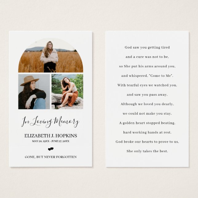 3 Photo Collage Arch Funeral Memorial Prayer Cards (Front & Back)