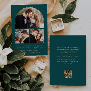 3-Photo Collage Arch Teal Blue Gold QR Code Save The Date