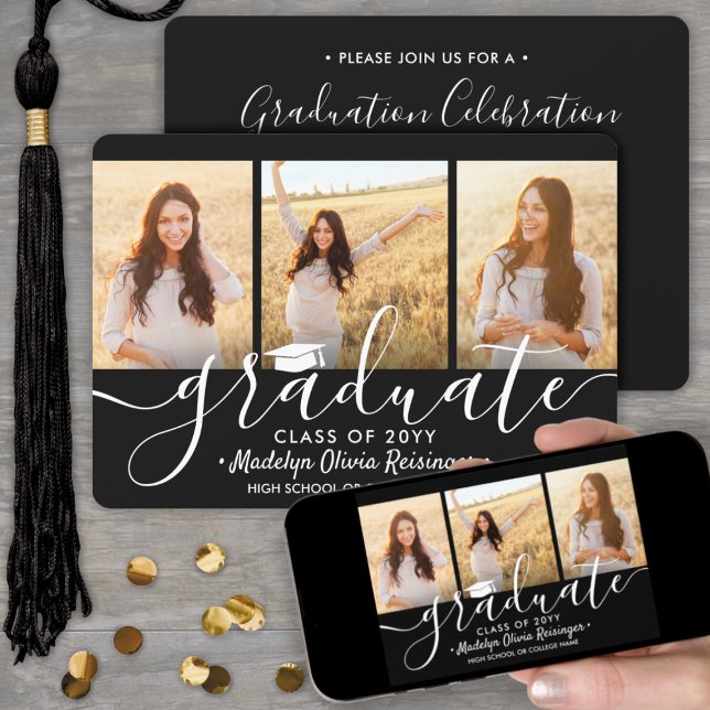 3 Photo Collage Black and White Graduation Party Invitation (Creator Uploaded)