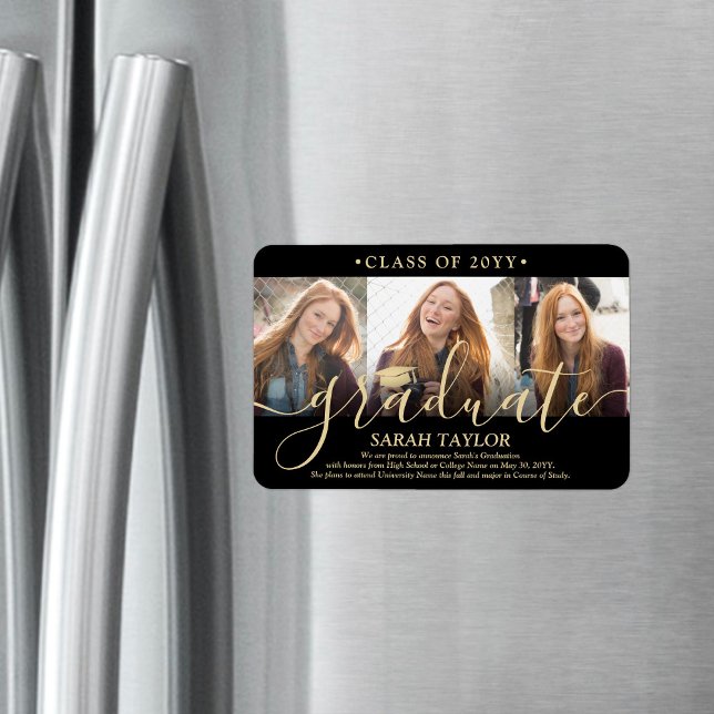 3 Photo Collage Black Gold Graduation Announcement Magnet (Creator Uploaded)