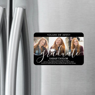 3 Photo Collage Black Graduation Announcement Magnet