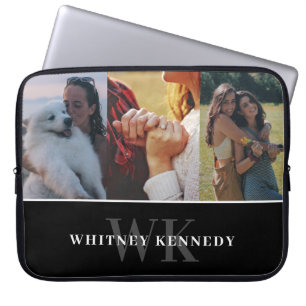 3 Photo Collage Black Minimalist Monogram Laptop Sleeve