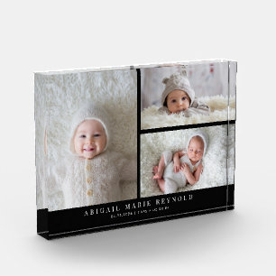 3 Photo Collage Black New Baby Keepsake Block