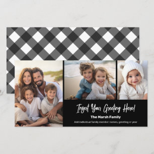 3 Photo Collage - Black White Buffalo Plaid Holiday Card