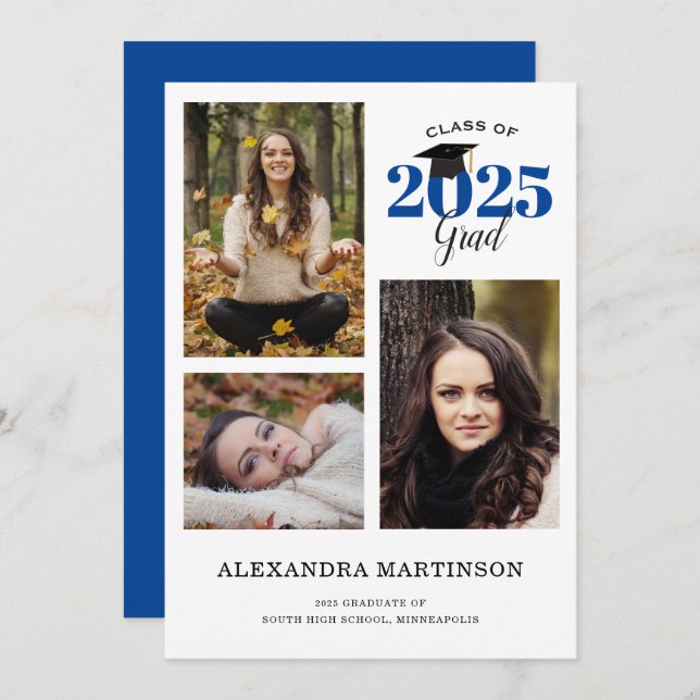 3 Photo Collage Blue Graduation Invitation (Front/Back)