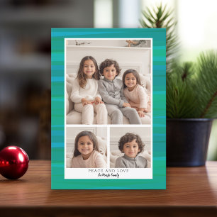 3 Photo Collage - Blue Green Watercolor Christmas Holiday Card