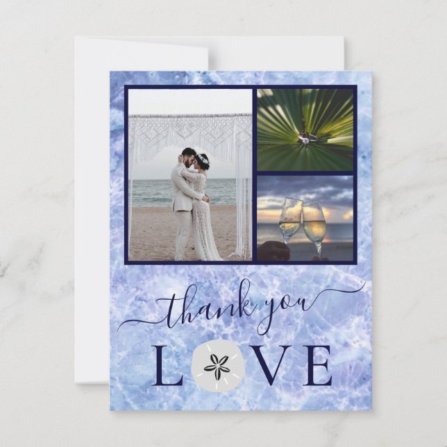 3 Photo Collage Blue Water Sand dollar Wedding Thank You Card (Front)