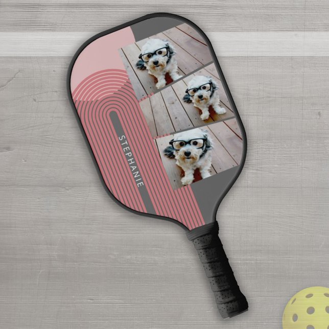 3 Photo Collage - boho coral line art arch - name Pickleball Paddle (Creator Uploaded)