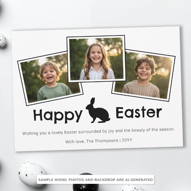 3 Photo Collage Bold Black Happy Easter With Bunny Card (Creator Uploaded)