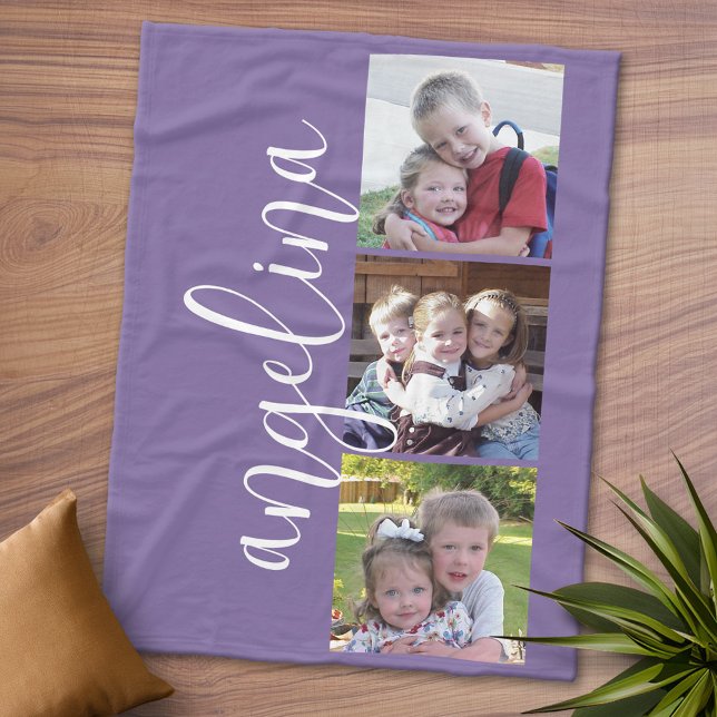 3 Photo Collage CAN EDIT background COLOR Fleece Blanket (Personalized Fleece Blanket - Add Photos and Text or Customize completely in advanced design area)