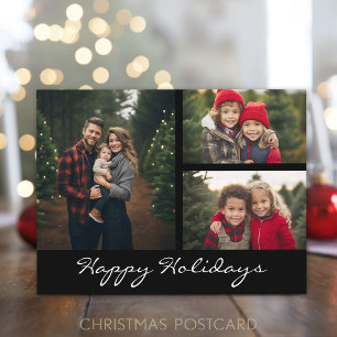 3 photo Collage Christmas - black minimal Holiday Postcard