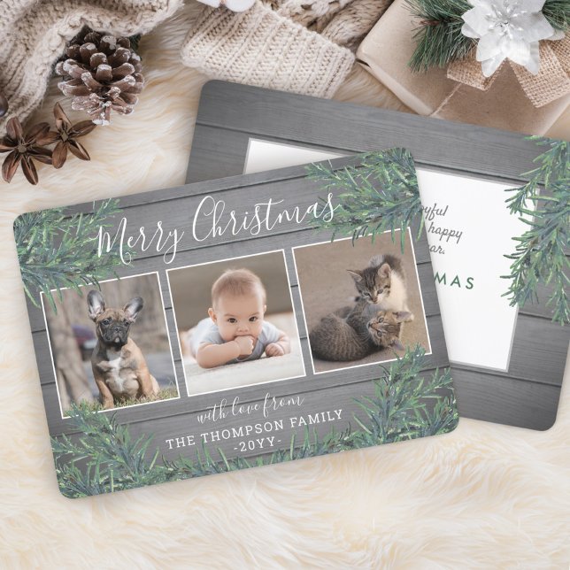 3 Photo Collage Christmas Greenery & Grey Wood Holiday Card (Creator Uploaded)