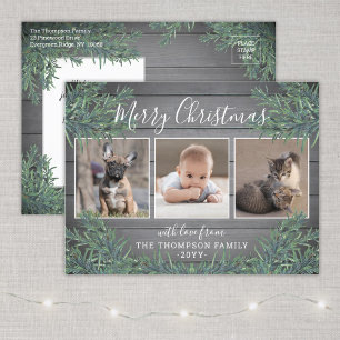 3 Photo Collage Christmas Greenery & Grey Wood Holiday Postcard
