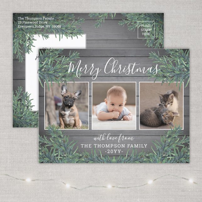 3 Photo Collage Christmas Greenery & Grey Wood Holiday Postcard (Creator Uploaded)