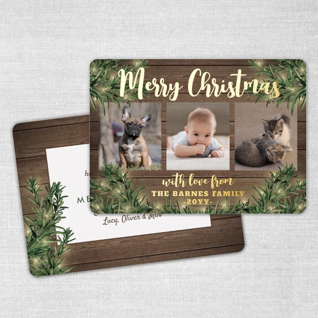 3 Photo Collage Christmas Greenery, Wood & Lights Foil Holiday Card (Creator Uploaded)