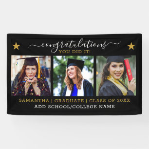 3 Photo Collage Congrats 2022 Graduate Black Gold Banner