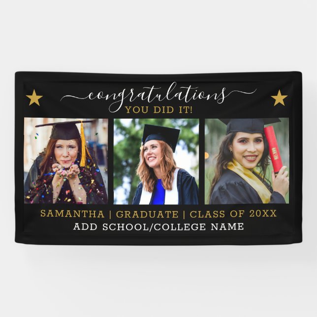 3 Photo Collage Congrats 2022 Graduate Black Gold Banner (Horizontal)