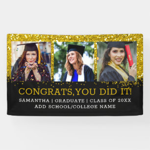 3 Photo Collage Congrats Grad Black Gold Glitter Banner