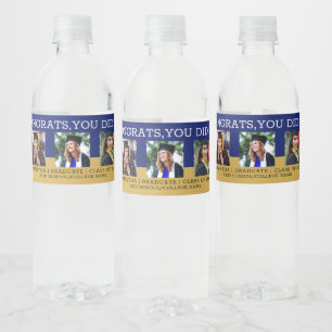 3 Photo Collage Congrats Grad Blue And Gold   Water Bottle Label