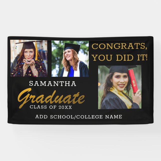 3 Photo Collage Congrats Graduate 2022 Black Gold Banner (Horizontal)
