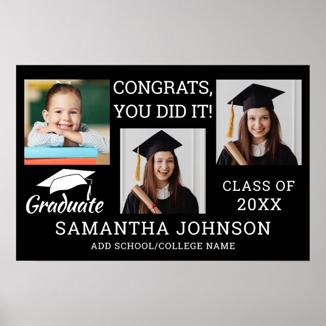 3 Photo Collage Congrats Graduate 2025 Black Poster (Front)