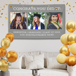 3 Photo Collage Congrats Graduate Graduation Grey Banner