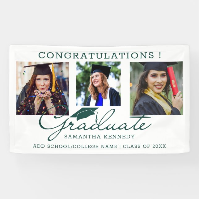 3 Photo Collage Congrats Graduate Green And White Banner (Horizontal)
