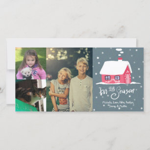 3 Photo Collage Custom Name Snowy House Christmas Holiday Card