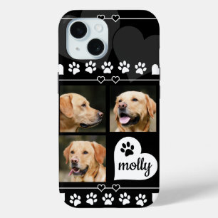 3 Photo Collage Dog Name Black and White Heart iPhone 15 Case