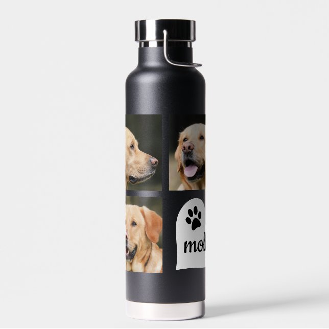3 Photo Collage Dog Name Black and White Heart Water Bottle (Left)