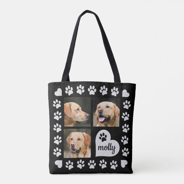 3 Photo Collage Dog Name Black Heart Tote Bag (Back)