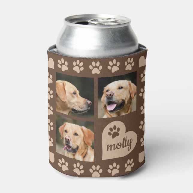 3 Photo Collage Dog Name Brown Heart Can Cooler (Can Front)